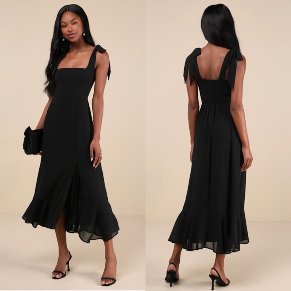 Lulu's Summer Invite Black Tie-Strap Tiered Midi Dress